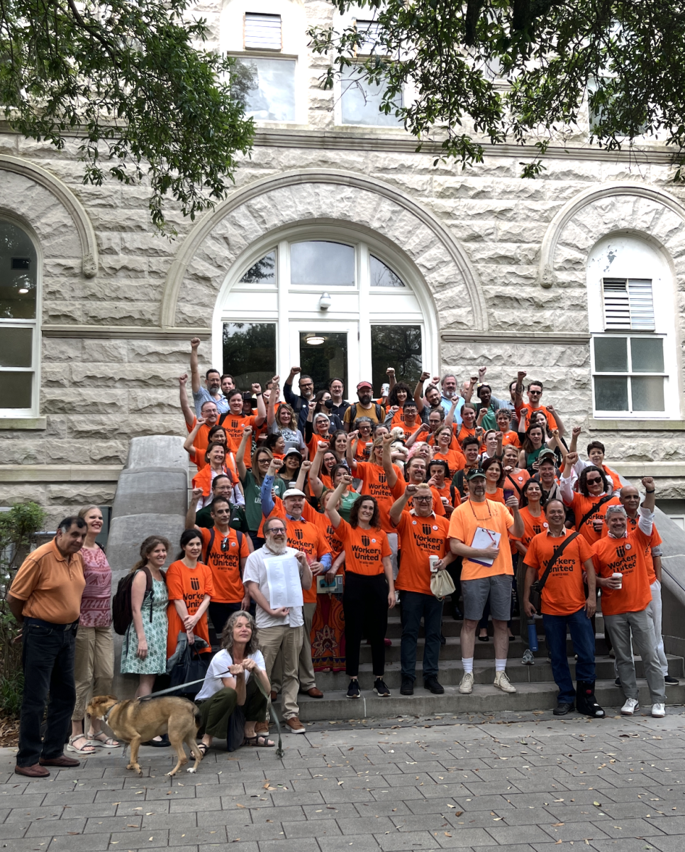 Tulane+Workers+United+gathered+at+Gibson+on+Tuesday+morning+in+an+attempt+to+speak+with+President+Mike+Fitts.+